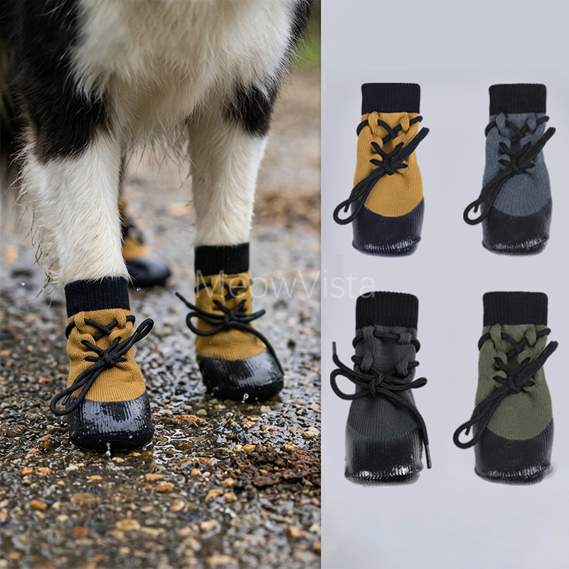 Dog Booties Paw Protector - รองเท้าสุนัขกันน้ำสำหรับกลางแจ้ง พื้นกันลื่น ปรับขนาดได้ ป้องกันการลื่นล้ม พร้อมเชือกผูก รองเท้าบูทสุนัขแบบทนทาน